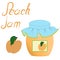 Home canning, food. Peach apricot sweet dessert jam juice in a glass jar with a lid with a sticker label, fresh fruit with leaves