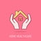 Home care icon in comic style. Hand hold house vector cartoon illustration on isolated background. Building quality business