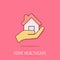 Home care icon in comic style. Hand hold house vector cartoon illustration on isolated background. Building quality business