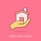 Home care icon in comic style. Hand hold house vector cartoon illustration on isolated background. Building quality business