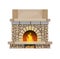 Home classic stone fireplace with firewood flames