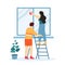 Home cleaning, people do housework. Woman standing on ladder and mopping glass. Daily routine, household chores