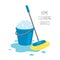 Home cleaning service. Mop and blue bucket full of soapy foam with bubbles, in a puddle of water .