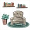 Home comfort. Furniture for reading, spending time. A cozy armchair, a sofa, a carpet, shelves with books, a pot with a flower. Mi