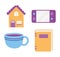 Home console game coffee cup and book icons isolated design