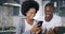 Home, contact and black couple with smartphone, love and connection with social media, internet and email. People