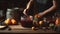 Home cook preparing a batch of fresh, homemade jam, using ripe, seasonal fruit, sugar, and a bubbling, simmering pot on the stove