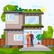 Home couple, vector illustration. Estate property house exterior, sale residential building woman man cartoon character.