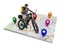 Home delivery, food purchase via the Internet. Deliveryman on bike arriving to any address worldwide on the map with