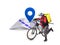 Home delivery, food purchase via the Internet. Deliveryman on bike arriving to any address worldwide on the map with