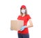 Home delivery, online order. Female courier in a medical mask and rubber gloves with a box, with a parcel in her hands.