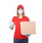 Home delivery, online order. Female courier in a medical mask and rubber gloves with a box, with a parcel in her hands.