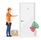 Home delivery service flat vector illustration. Freight forwarder, courier man delivered parcel at door isolated cartoon character