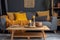home design yellow decor pillow interior grey house sofa cushion modern. Generative AI.