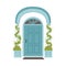 Home entrance blue door with arch, cartoon house porch exterior with climbing plants in pots and rug vector isolated