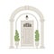 Home entrance white door with arch and column, cartoon house porch exterior with plants in pots vector isolated