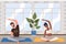 Home fitness. Young couple doing yoga in living room. Sports exercises and stretching, pair yoga