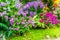 Home flower garden, small flowers garden at house backyard for nature atmosphere