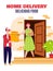 Home food delivery poster with courier man and client at door step