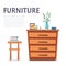 Home furniture concept. Cabinet with chair and decorated objects.