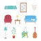 Home furniture sofa chair lamp plant table frame decoration icons set