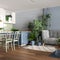 Home garden, dining and living room in white and blue tones. Island with chairs, parquet and mani houseplants. Urban jungle