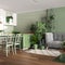 Home garden, dining and living room in white and green tones. Island with chairs, parquet and mani houseplants. Urban jungle