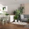 Home garden, dining and living room in white and wooden tones. Island with chairs, parquet and mani houseplants. Urban jungle