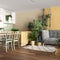 Home garden, dining and living room in white and yellow tones. Island with chairs, parquet and mani houseplants. Urban jungle