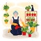 Home gardening character. Smiling elderly gardener watering flowers in a pots. Gray-haired woman holding watering can