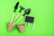 Home gardening. Miniature gardening tools: scoop, rake, inscription board and chalk, paper pots for planting on green cardboard.