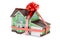 Home gift. House with ribbon and bow, 3D rendering