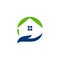 Home and hand logo concept stock vector . Home logo. House logo. Hand logo. Real estate. Appartment. Blue. Green. Residential