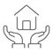 Home in hands thin line icon, real estate and home