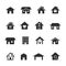 Home icons. Black houses silhouettes, smart home service. Web homepage buttons, security locations and residential