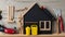 Home improvement concept - Wooden model house with work tools