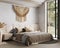 Home interior background, cozy beige bedroom with big bed, wooden beams and macrame, modern style, 3d render