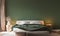 Home interior background  cozy green bedroom with bright furniture natural wooden tables