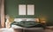 Home interior background  cozy green bedroom with bright furniture natural wooden tables