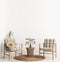 Home interior background with wicker furniture and decor, empty white wall mockup