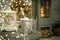 Home interior champagne vintage clock fireplace golden lights