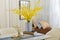 Home interior decor,dining room , bouquet in glass vase