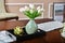 Home interior decor, white tulip bouquet in vase