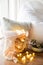 Home interior decoration, metal basket with pillow, warm blanket