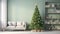 Home interior design with Christmas tree and decorations. Beautiful festive living room with sofa and bookshelf.