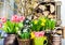 Home interior easter decoration with spring flowers