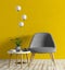 Home interior with gray armchair, coffee table and floor lamp over yellow wall 3d rendering