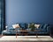 Home interior mock-up with blue sofa, table and decor in living room