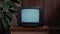 Home interior old television set. Bad television signal noise. 90s retro tv screen static noise. Living room old tv set