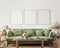 Home interior with poster frame mockup, green comfortable sofa on white wall with wooden furniture